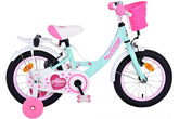 A green Volare Ashley 14 inch girls bike with two hand brakes and removable training wheels Comfortable, safe, and adjustable for growing riders